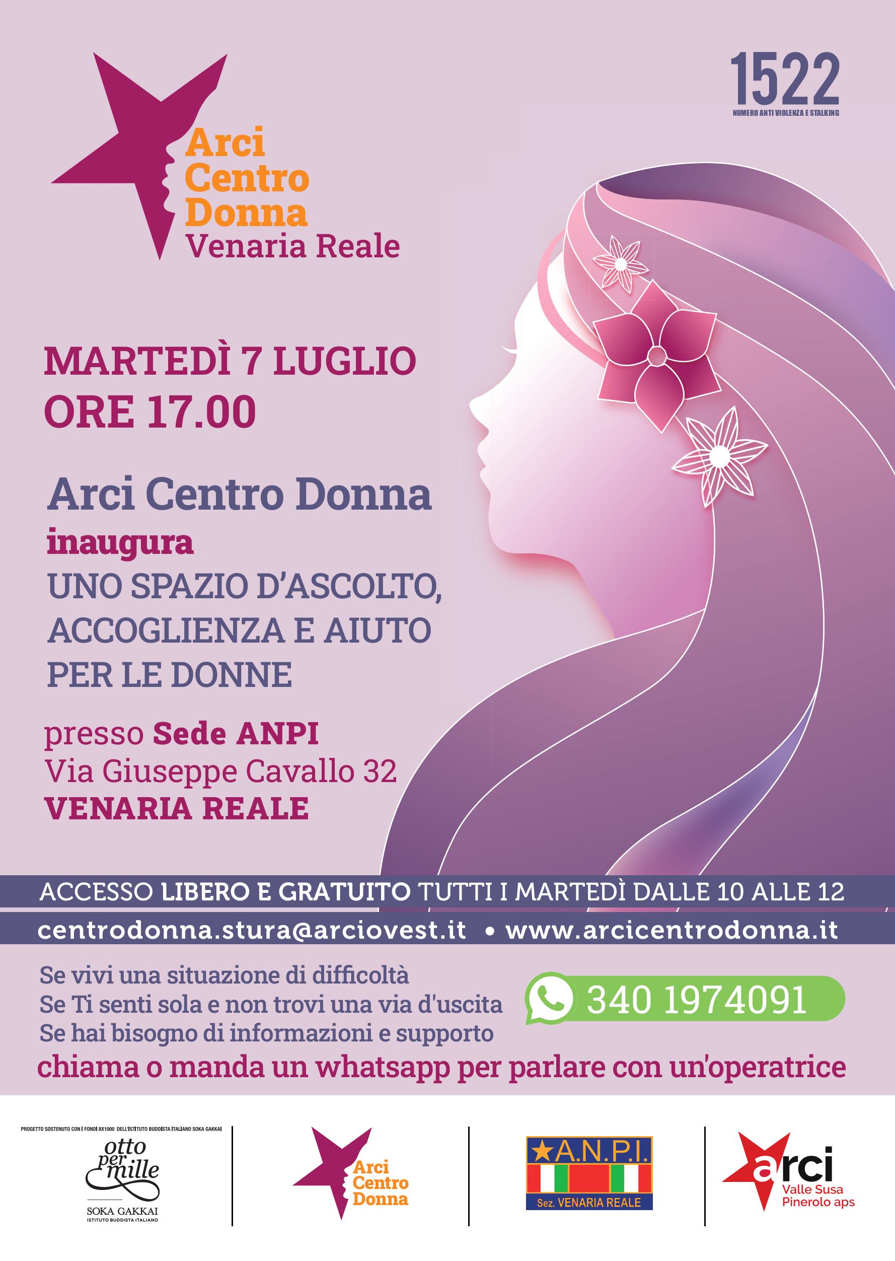 Arci Centro Donna arriva a Venaria Reale martedì 7 luglio 2026
