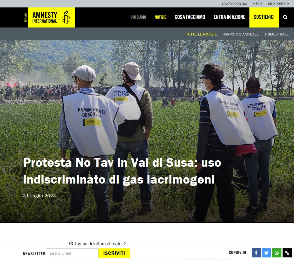 Amnesty International: Protesta No Tav in Val di Susa: uso indiscriminato di gas lacrimogeni