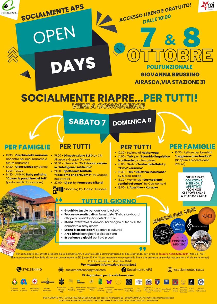 Open Days di Socialmente aps - 7/8 ottobre 2023, Airasca
